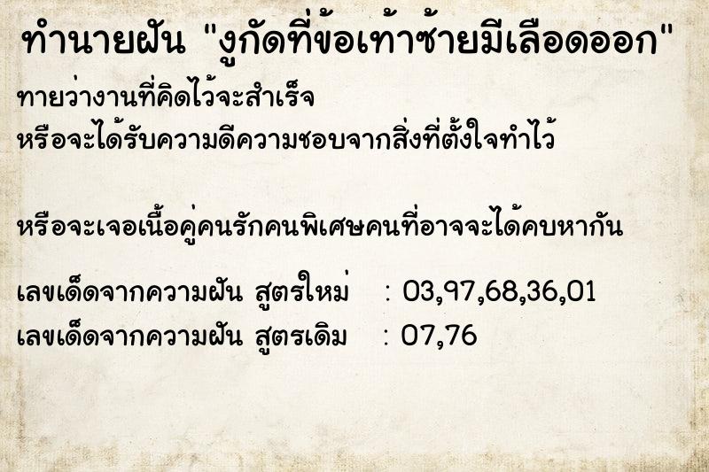 ทำนายฝันงูกัดที่ข้อเท้าซ้ายมีเลือดออก ทำนายฝันทำนายฝันงูกัดที่ข้อเท้าซ้ายมีเลือดออก