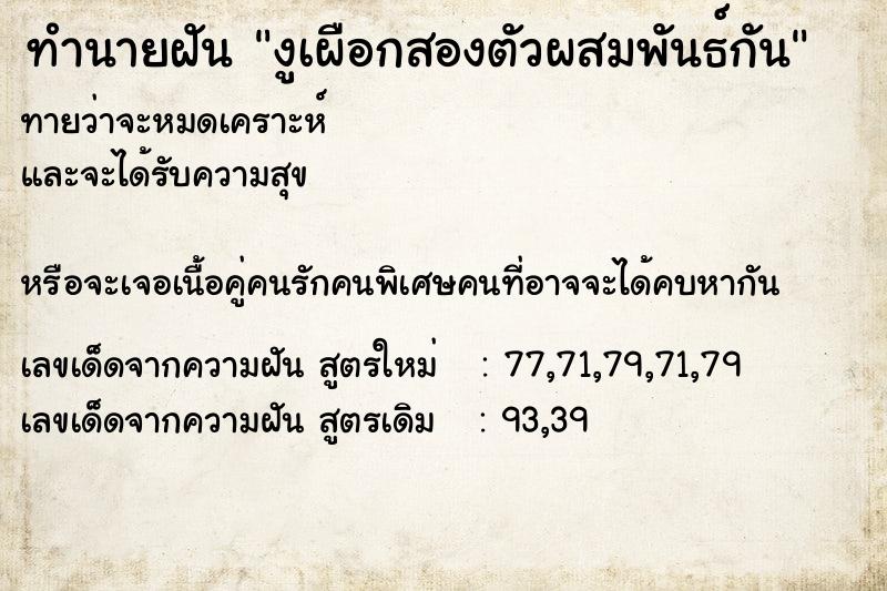ทำนายฝันงูเผือกสองตัวผสมพันธ์กัน ทำนายฝันทำนายฝันงูเผือกสองตัวผสมพันธ์กัน