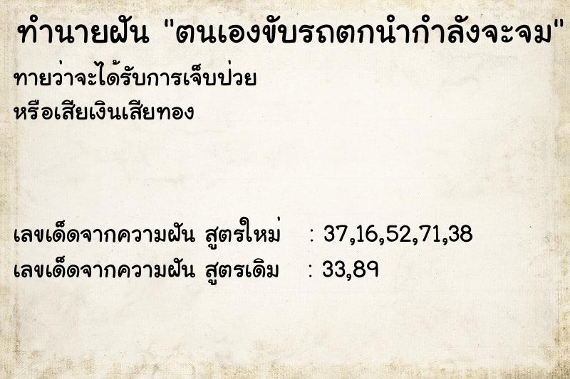ทำนายฝันตนเองขับรถตกนำกำลังจะจม ทำนายฝันทำนายฝันตนเองขับรถตกนำกำลังจะจม