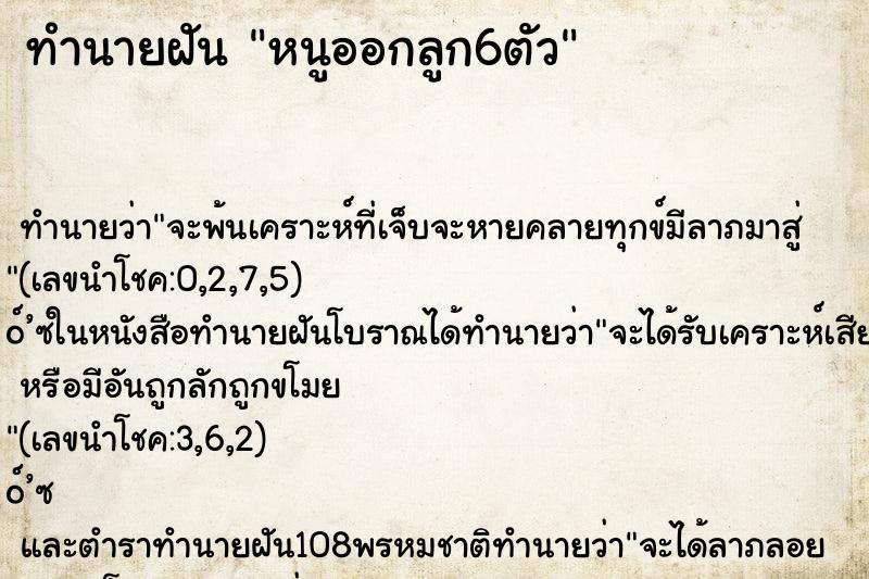 ทำนายฝัน หนูออกลูก6ตัว ทำนายฝัน หนูออกลูก6ตัว