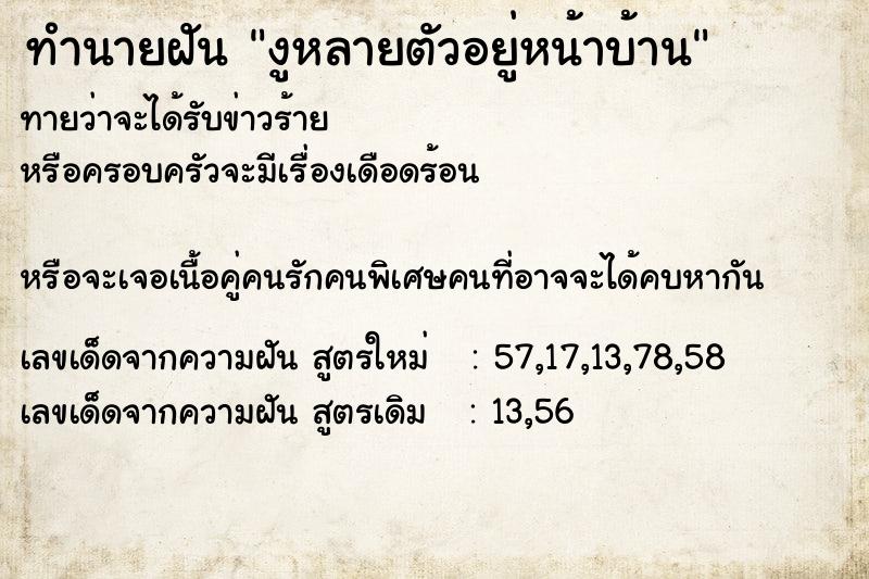 ทำนายฝันงูหลายตัวอยู่หน้าบ้าน ทำนายฝันทำนายฝันงูหลายตัวอยู่หน้าบ้าน