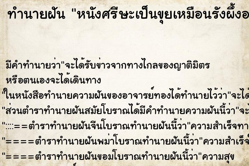 ทำนายฝันหนังศรีษะเป็นขุยเหมือนรังผึ้งอยู่บนหัว ทำนายฝันทำนายฝันหนังศรีษะเป็นขุยเหมือนรังผึ้งอยู่บนหัว
