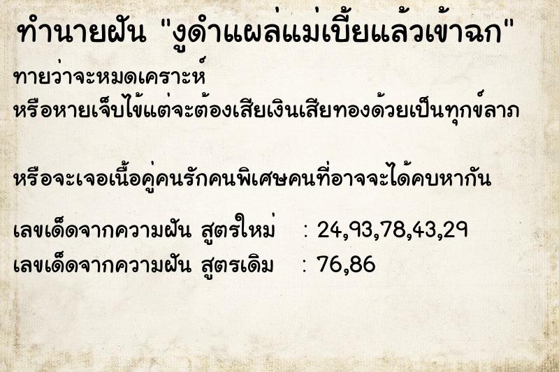 ทำนายฝันงูดำแผล่แม่เบี้ยแล้วเข้าฉก ทำนายฝันทำนายฝันงูดำแผล่แม่เบี้ยแล้วเข้าฉก