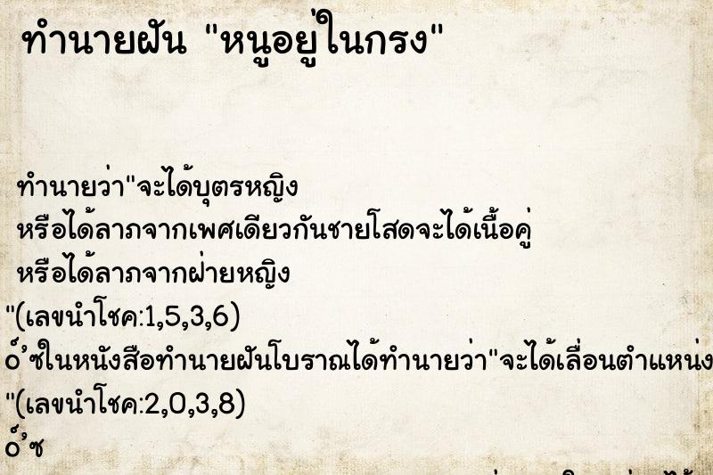 ทำนายฝัน หนูอยู่ในกรง ทำนายฝัน หนูอยู่ในกรง