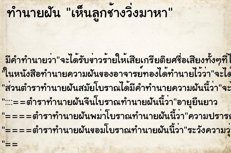 ทำนายฝัน เห็นลูกช้างวิ่งมาหา ทำนายฝัน เห็นลูกช้างวิ่งมาหา