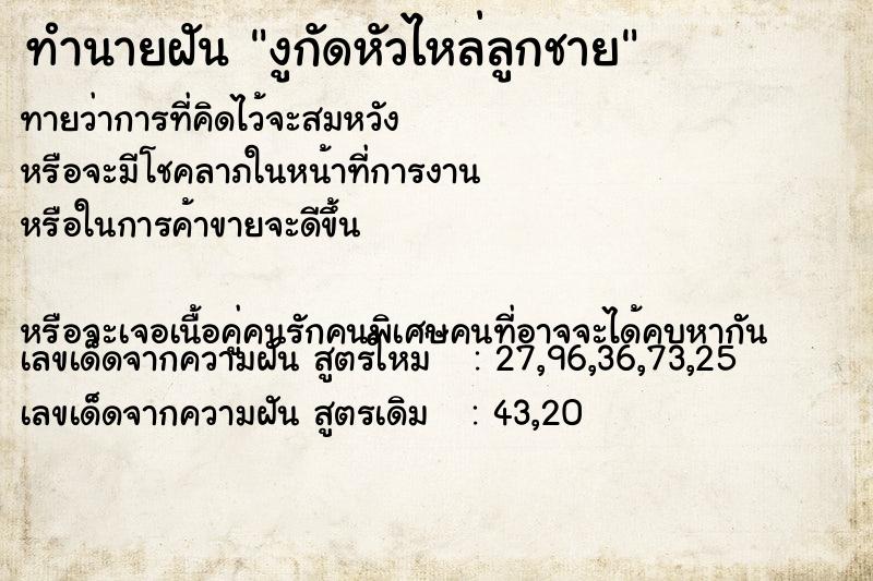 ทำนายฝันงูกัดหัวไหล่ลูกชาย ทำนายฝันทำนายฝันงูกัดหัวไหล่ลูกชาย