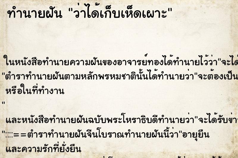 ทำนายฝันว่าได้เก็บเห็ดเผาะ ทำนายฝันทำนายฝันว่าได้เก็บเห็ดเผาะ