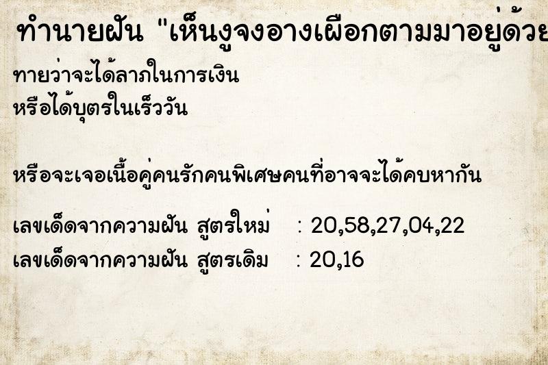 ทำนายฝัน เห็นงูจงอางเผือกตามมาอยู่ด้วย ทำนายฝัน เห็นงูจงอางเผือกตามมาอยู่ด้วย