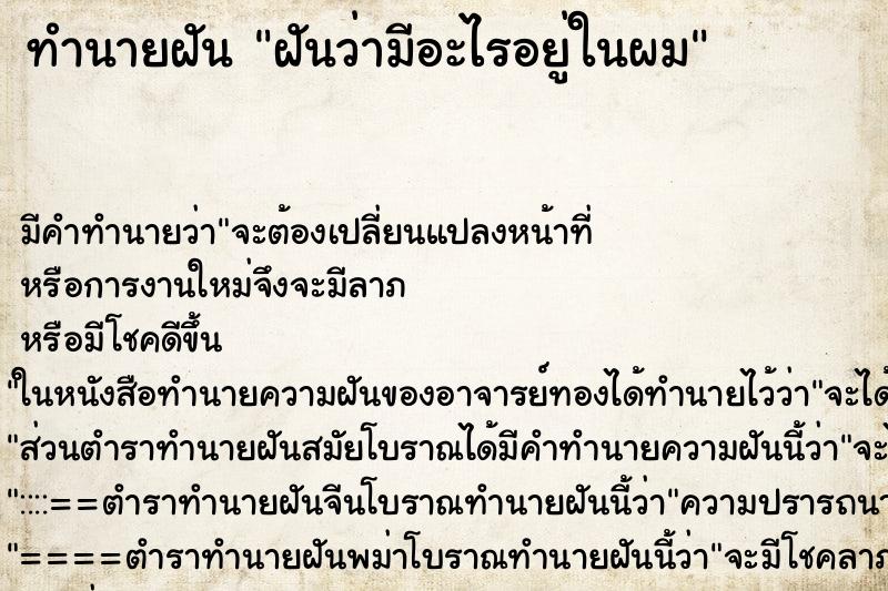ทำนายฝัน ฝันว่ามีอะไรอยู่ในผม ทำนายฝัน ฝันว่ามีอะไรอยู่ในผม