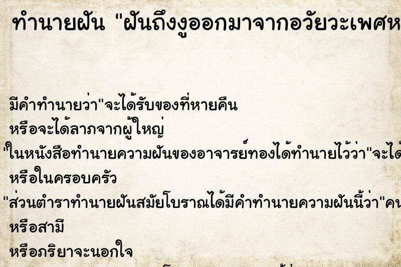 ทำนายฝันฝันถึงงูออกมาจากอวัยวะเพศหญิง ทำนายฝันทำนายฝันฝันถึงงูออกมาจากอวัยวะเพศหญิง