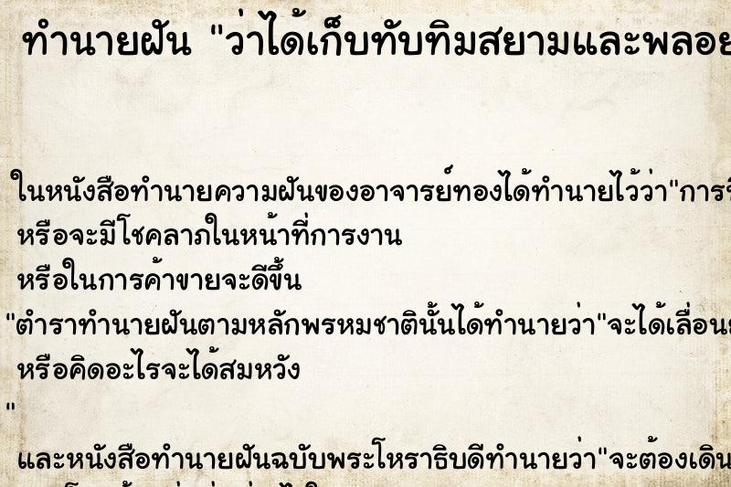 ทำนายฝันทำนายฝันว่าได้เก็บทับทิมสยามและพลอยแดง