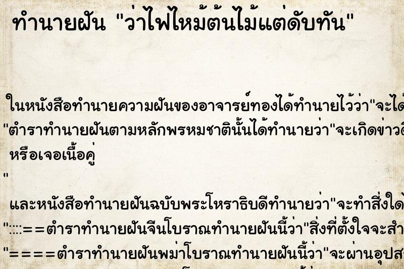 ทำนายฝัน ว่าไฟไหม้ต้นไม้แต่ดับทัน ทำนายฝัน ว่าไฟไหม้ต้นไม้แต่ดับทัน