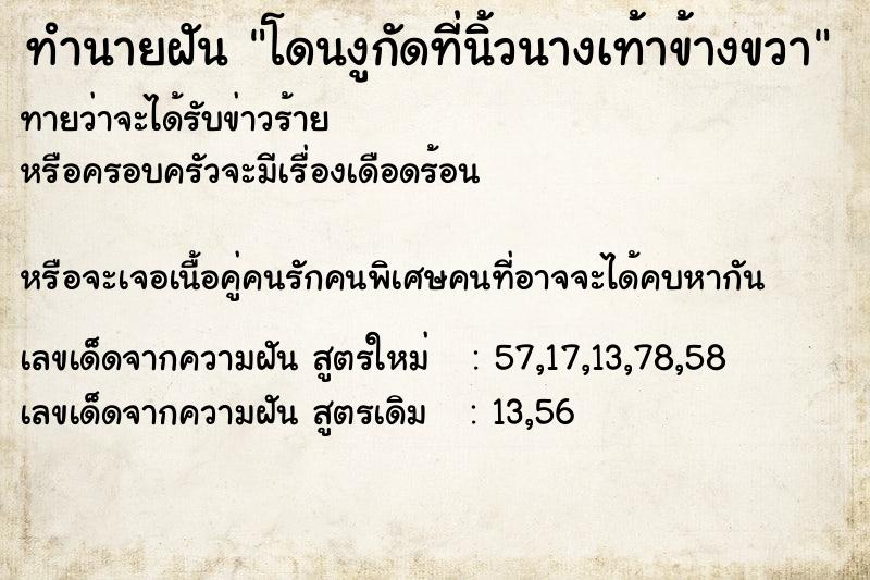 ทำนายฝันโดนงูกัดที่นิ้วนางเท้าข้างขวา ทำนายฝันทำนายฝันโดนงูกัดที่นิ้วนางเท้าข้างขวา