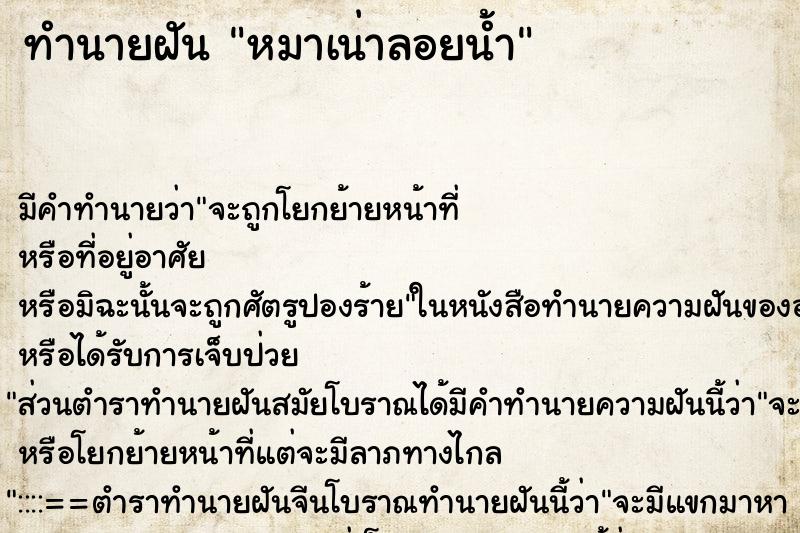 ทำนายฝัน หมาเน่าลอยน้ำ ทำนายฝัน หมาเน่าลอยน้ำ