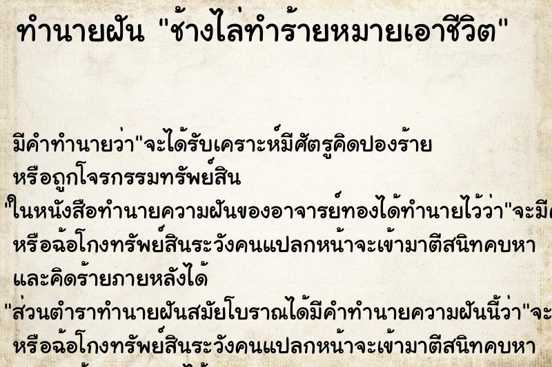 ทำนายฝันช้างไล่ทำร้ายหมายเอาชีวิต ทำนายฝันทำนายฝันช้างไล่ทำร้ายหมายเอาชีวิต