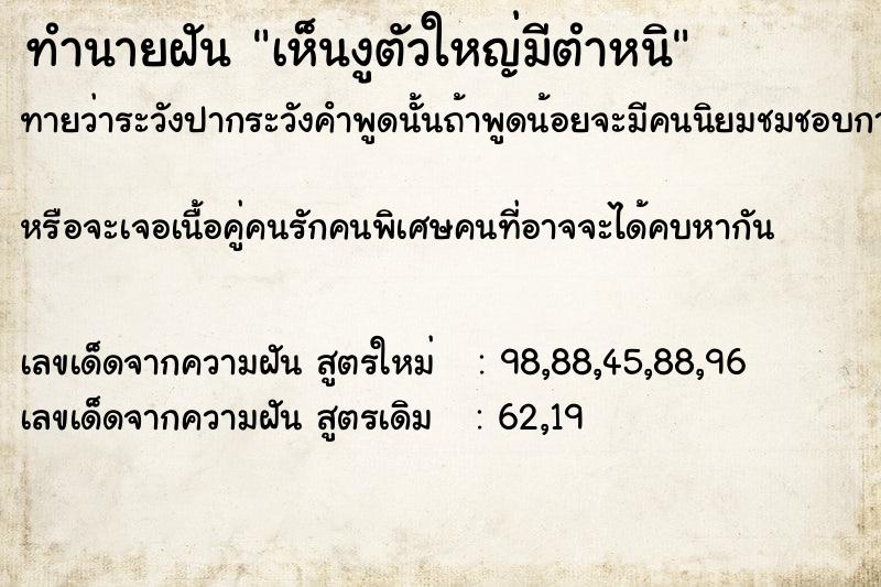 ทำนายฝันเห็นงูตัวใหญ่มีตำหนิ ทำนายฝันทำนายฝันเห็นงูตัวใหญ่มีตำหนิ