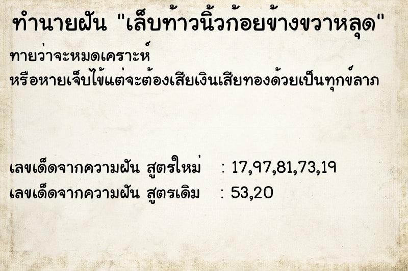 ทำนายฝันเล็บท้าวนิ้วก้อยข้างขวาหลุด ทำนายฝันทำนายฝันเล็บท้าวนิ้วก้อยข้างขวาหลุด