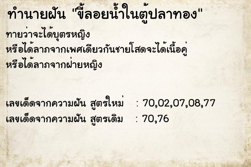 ทำนายฝันขี้ลอยน้ำในตู้ปลาทอง ทำนายฝันทำนายฝันขี้ลอยน้ำในตู้ปลาทอง