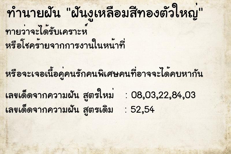 ทำนายฝัน ฝันงูเหลือมสีทองตัวใหญ่ ทำนายฝัน ฝันงูเหลือมสีทองตัวใหญ่