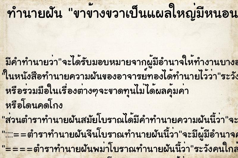 ทำนายฝัน ขาข้างขวาเป็นแผลใหญ่มีหนอนเจาะเห็นกระดูก ทำนายฝัน ขาข้างขวาเป็นแผลใหญ่มีหนอนเจาะเห็นกระดูก