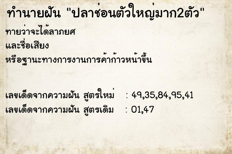 ทำนายฝันปลาช่อนตัวใหญ่มาก2ตัว ทำนายฝันทำนายฝันปลาช่อนตัวใหญ่มาก2ตัว