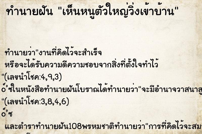 ทำนายฝันเห็นหนูตัวใหญ่วิ่งเข้าบ้าน ทำนายฝันทำนายฝันเห็นหนูตัวใหญ่วิ่งเข้าบ้าน