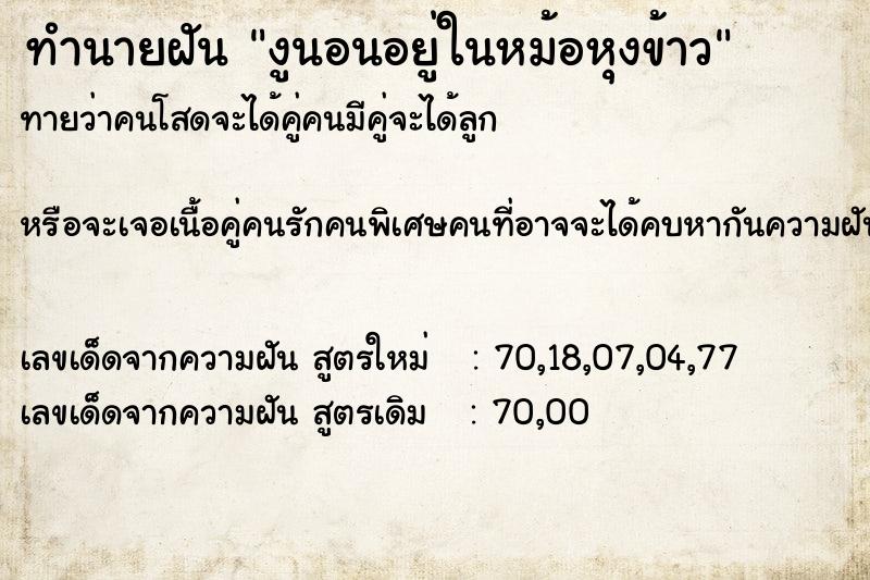 ทำนายฝันทำนายฝันงูนอนอยู่ในหม้อหุงข้าว