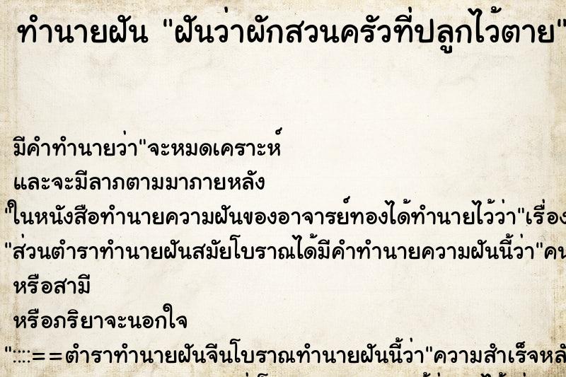 ทำนายฝัน ฝันว่าผักสวนครัวที่ปลูกไว้ตาย ทำนายฝัน ฝันว่าผักสวนครัวที่ปลูกไว้ตาย