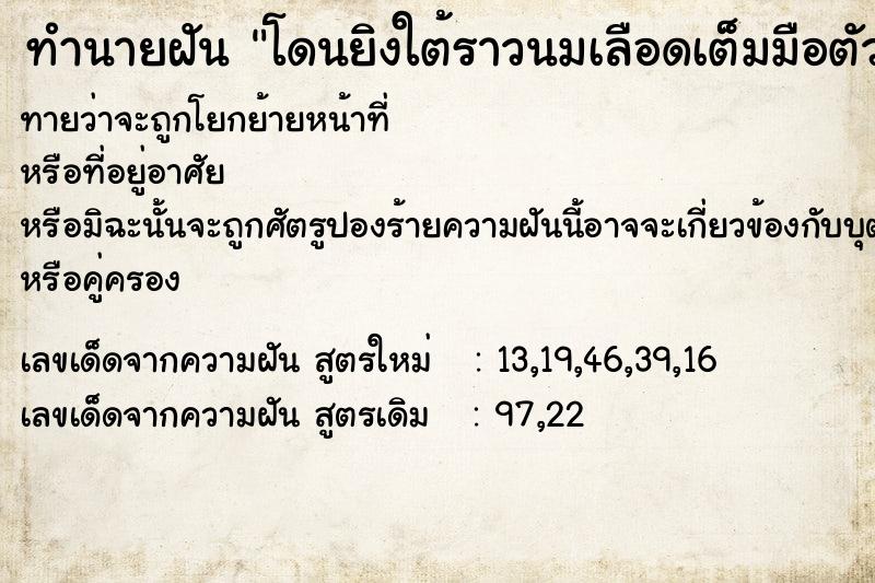 ทำนายฝัน โดนยิงใต้ราวนมเลือดเต็มมือตัว ทำนายฝัน โดนยิงใต้ราวนมเลือดเต็มมือตัว
