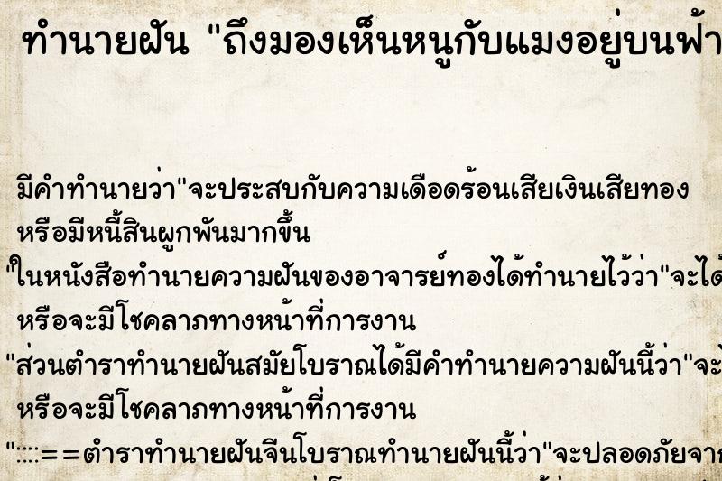 ทำนายฝันทำนายฝันถึงมองเห็นหนูกับแมงอยู่บนฟ้า