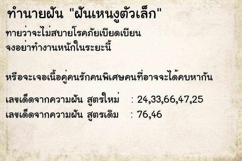 ทำนายฝันฝันเหนงูตัวเล็ก ทำนายฝันทำนายฝันฝันเหนงูตัวเล็ก