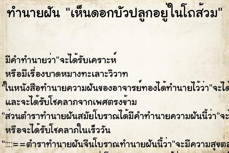 ทำนายฝันทำนายฝันเห็นดอกบัวปลูกอยู่ในโถส้วม