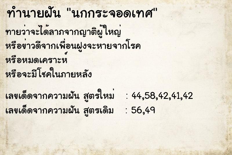 ทำนายฝันนกกระจอดเทศ ทำนายฝันทำนายฝันนกกระจอดเทศ