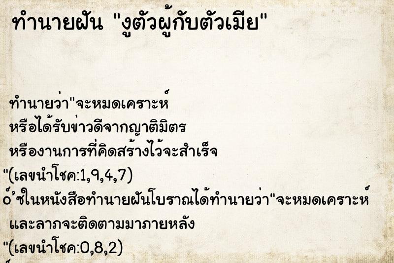 ทำนายฝันงูตัวผู้กับตัวเมีย ทำนายฝันทำนายฝันงูตัวผู้กับตัวเมีย