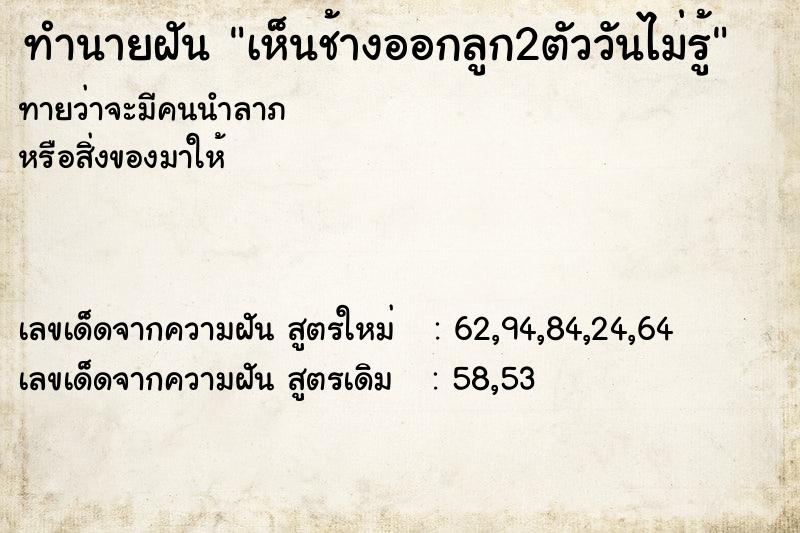 ทำนายฝันเห็นช้างออกลูก2ตัววันไม่รู้ ทำนายฝันทำนายฝันเห็นช้างออกลูก2ตัววันไม่รู้