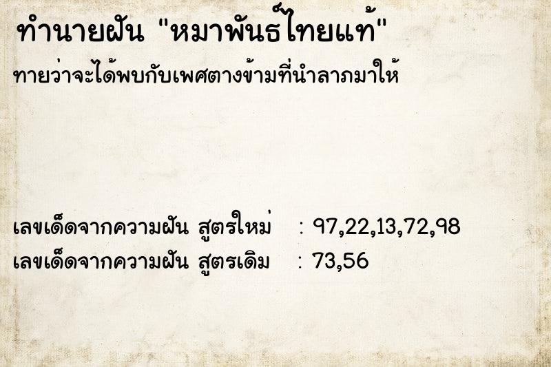 ทำนายฝันทำนายฝันหมาพันธ์ไทยแท้