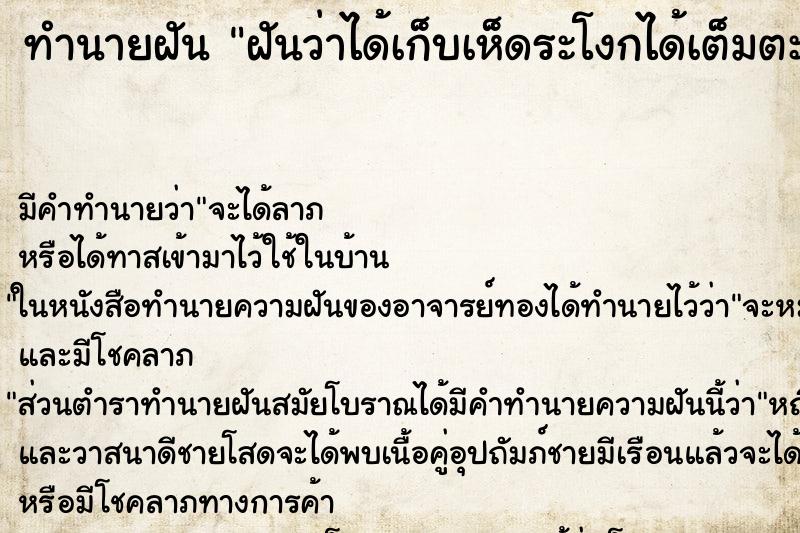 ทำนายฝัน ฝันว่าได้เก็บเห็ดระโงกได้เต็มตะกร้า ทำนายฝัน ฝันว่าได้เก็บเห็ดระโงกได้เต็มตะกร้า