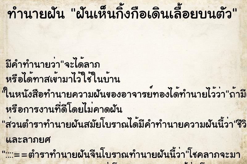ทำนายฝันฝันเห็นกิ้งกือเดินเลื้อยบนตัว ทำนายฝันทำนายฝันฝันเห็นกิ้งกือเดินเลื้อยบนตัว