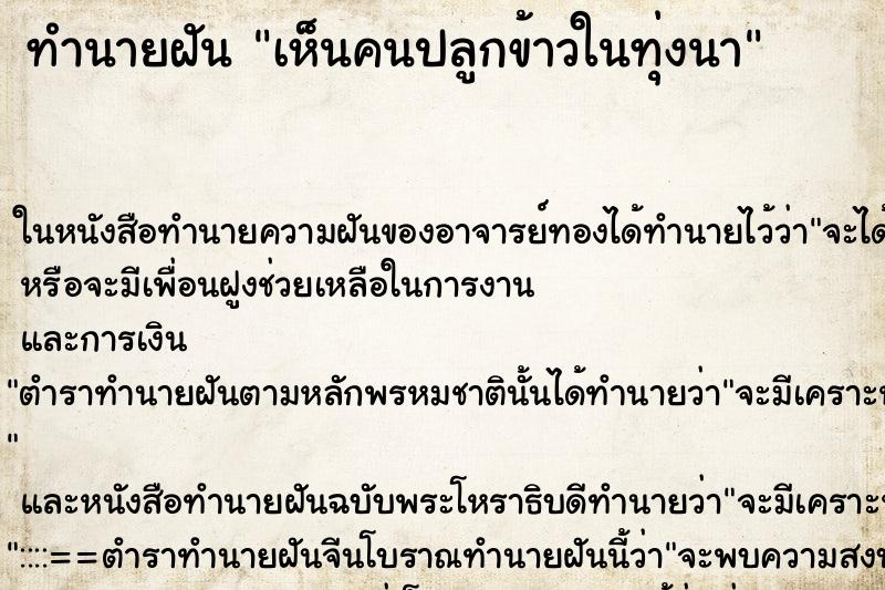 ทำนายฝัน เห็นคนปลูกข้าวในทุ่งนา ทำนายฝัน เห็นคนปลูกข้าวในทุ่งนา