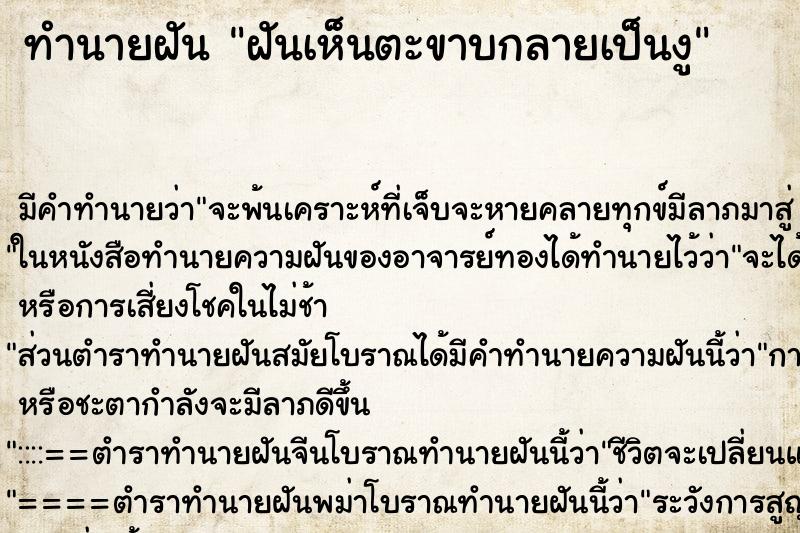 ทำนายฝัน ฝันเห็นตะขาบกลายเป็นงู ทำนายฝัน ฝันเห็นตะขาบกลายเป็นงู