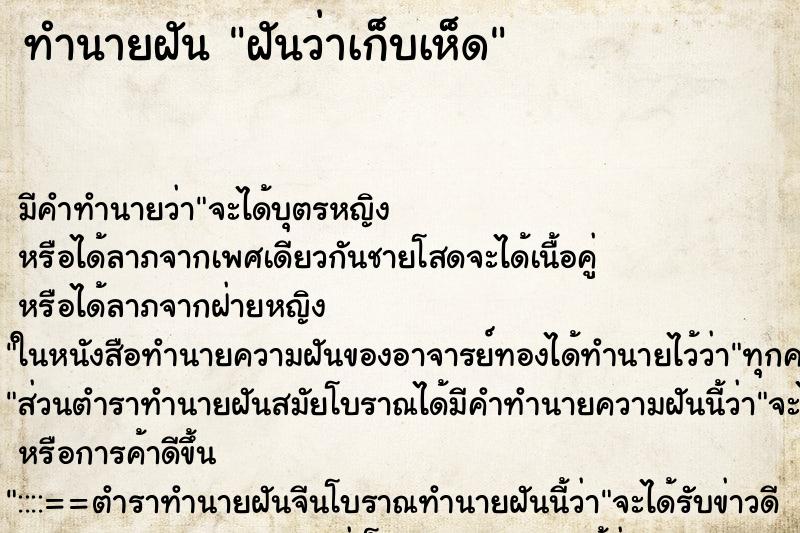 ทำนายฝัน ฝันว่าเก็บเห็ด ตำราโบราณ แม่นที่สุดในโลก