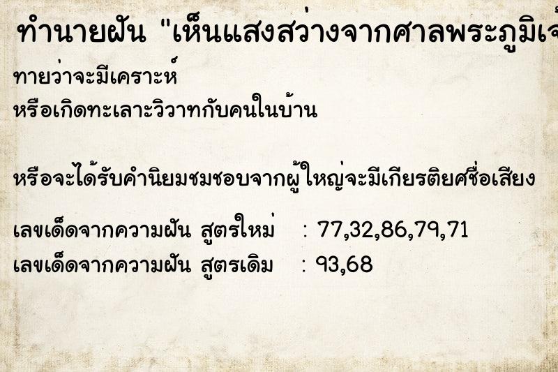 ทำนายฝันทำนายฝันเห็นแสงสว่างจากศาลพระภูมิเจ้าที่
