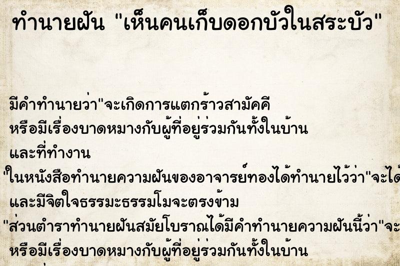 ทำนายฝัน เห็นคนเก็บดอกบัวในสระบัว ทำนายฝัน เห็นคนเก็บดอกบัวในสระบัว