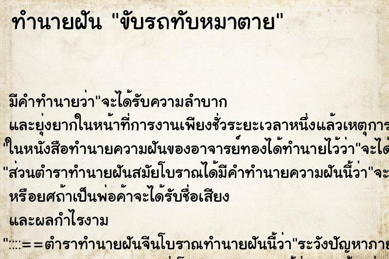 ทำนายฝัน ขับรถทับหมาตาย ทำนายฝัน ขับรถทับหมาตาย