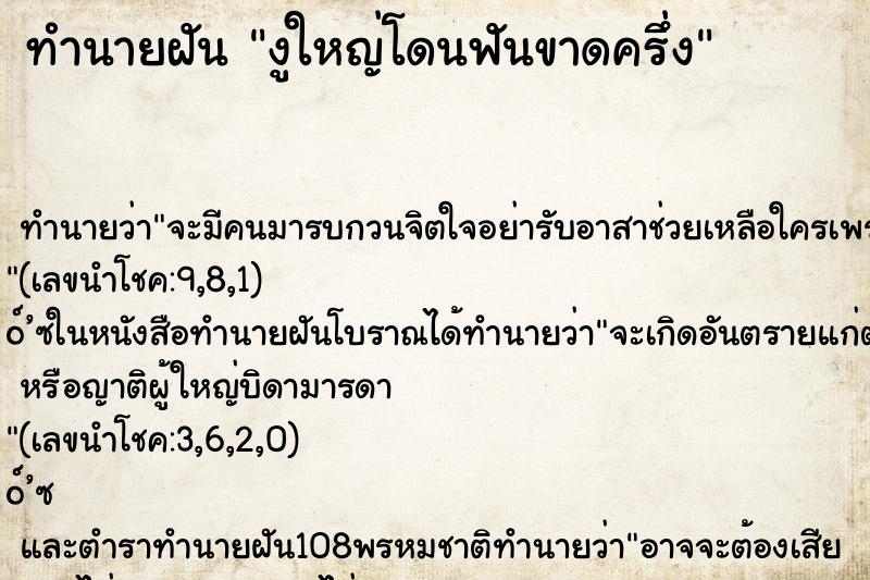 ทำนายฝัน งูใหญ่โดนฟันขาดครึ่ง ทำนายฝัน งูใหญ่โดนฟันขาดครึ่ง