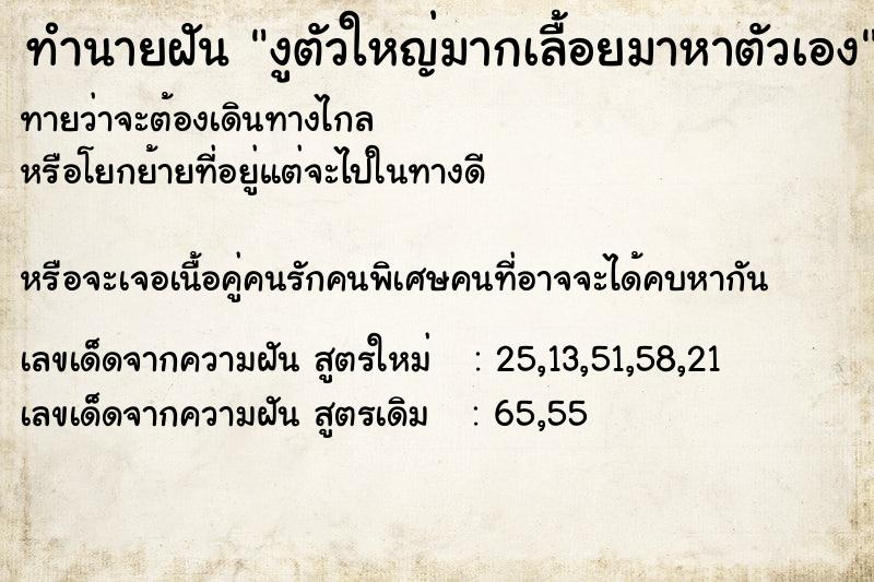 ทำนายฝันงูตัวใหญ่มากเลื้อยมาหาตัวเอง ทำนายฝันทำนายฝันงูตัวใหญ่มากเลื้อยมาหาตัวเอง