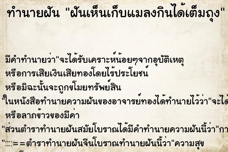 ทำนายฝันฝันเห็นเก็บแมลงกินได้เต็มถุง ทำนายฝันทำนายฝันฝันเห็นเก็บแมลงกินได้เต็มถุง