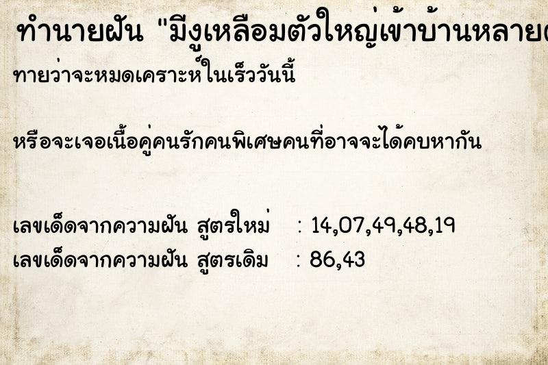 ทำนายฝันมีงูเหลือมตัวใหญ่เข้าบ้านหลายตัว ทำนายฝันทำนายฝันมีงูเหลือมตัวใหญ่เข้าบ้านหลายตัว