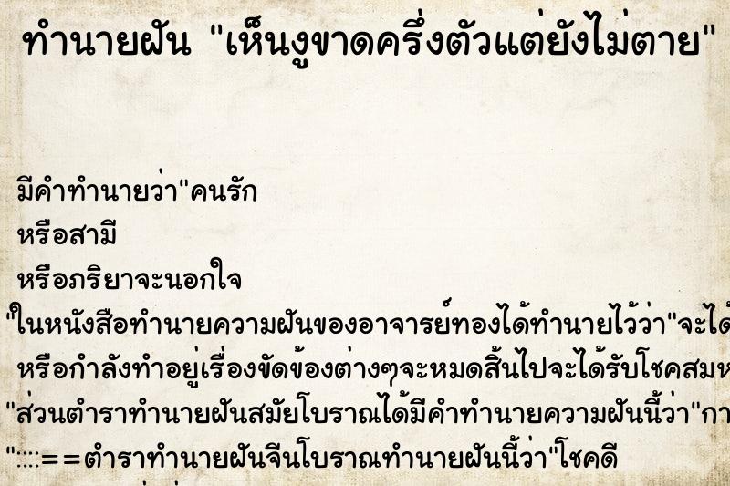 ทำนายฝัน เห็นงูขาดครึ่งตัวแต่ยังไม่ตาย ทำนายฝัน เห็นงูขาดครึ่งตัวแต่ยังไม่ตาย