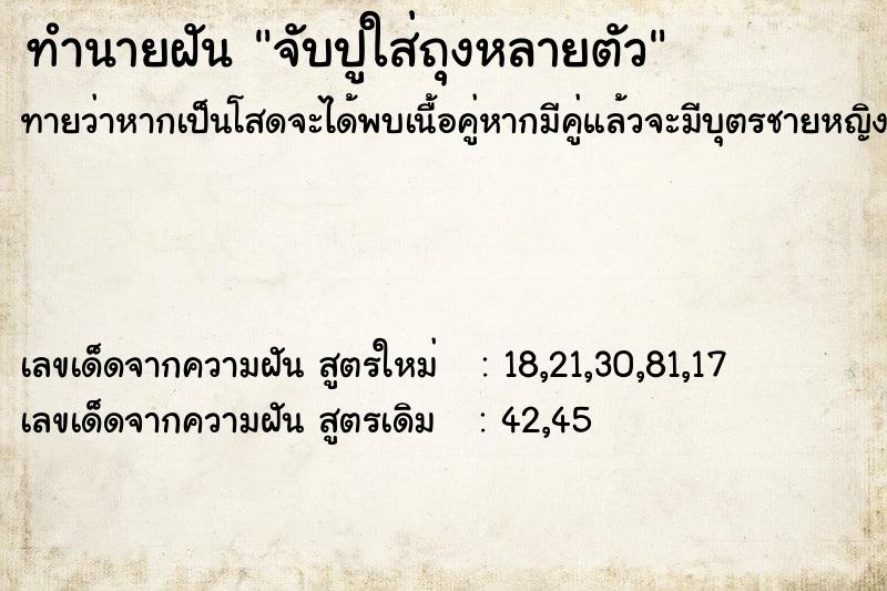 ทำนายฝันจับปูใส่ถุงหลายตัว ทำนายฝันทำนายฝันจับปูใส่ถุงหลายตัว